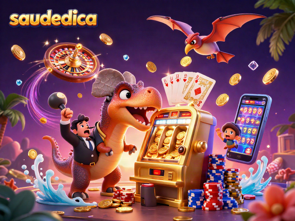 Experience the thrill at saudedica as a pachycephalosaurus hits a jackpot on a golden slot machine!