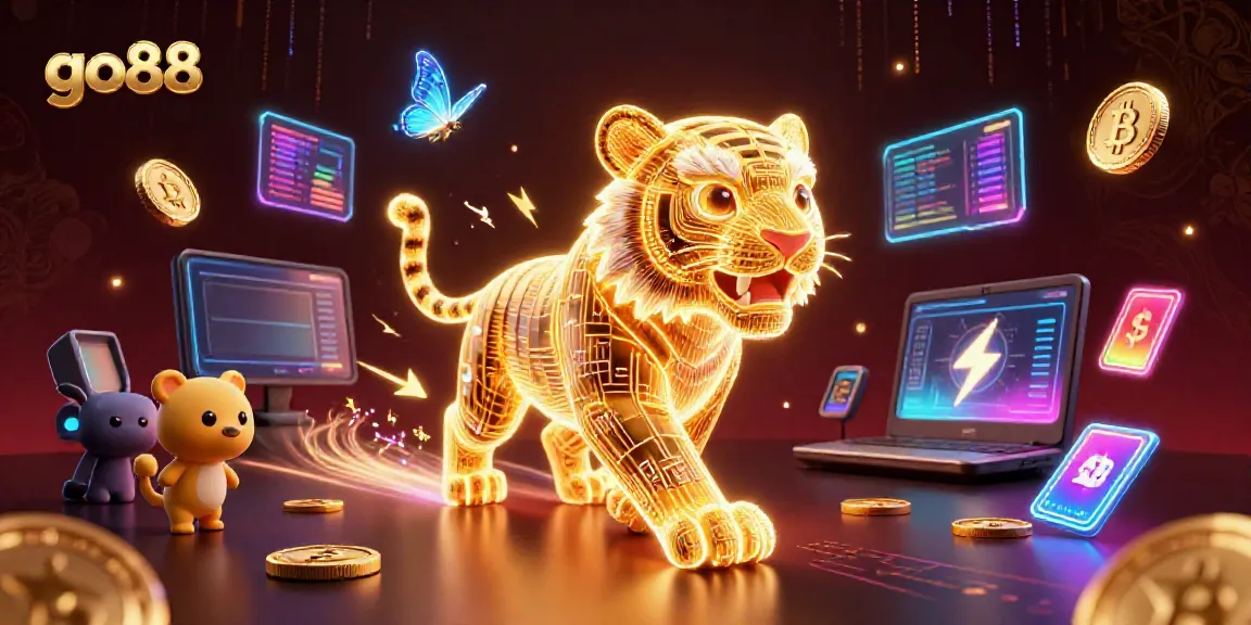 Experience the thrill of go88 with a vibrant digital casino scene featuring a glowing tiger and cryptocurrency elements.