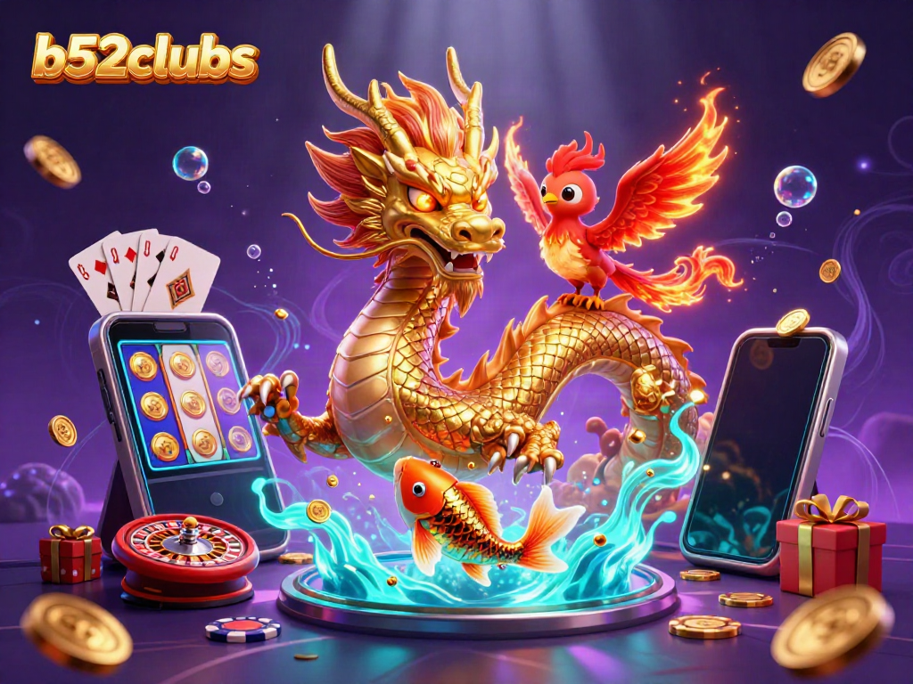 Engage with b52clubs' vibrant casino adventures featuring a golden dragon and phoenix.
