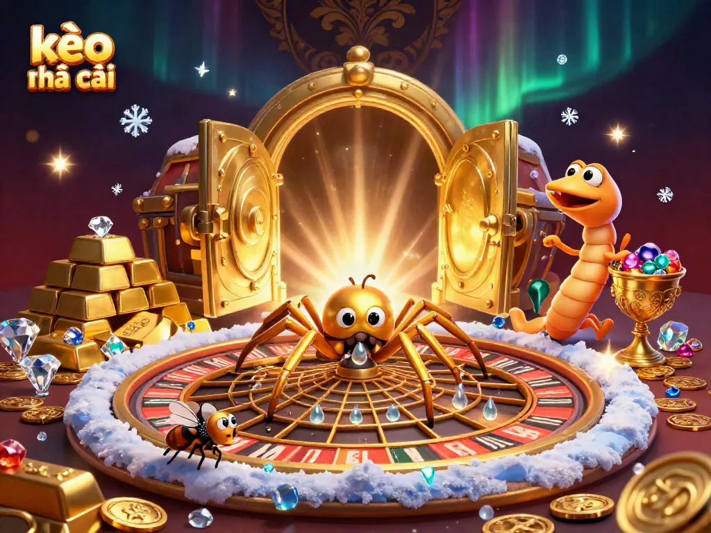 Experience the excitement of kèo nhà cái with a golden spider and centipede croupier amidst a lavish casino scene.