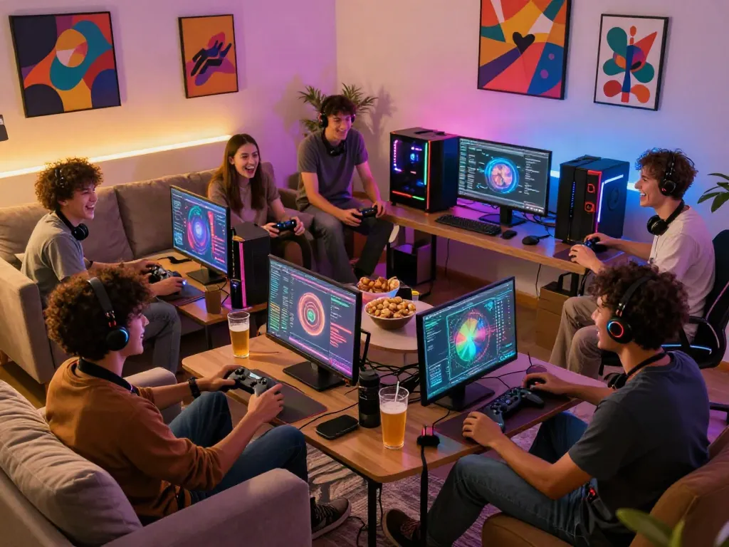 Friends enjoying competitive gaming at https://gem88.jpn.com/ in a vibrant living room.