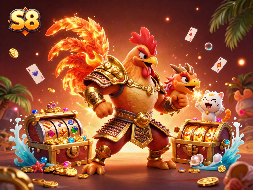S8 online casino illustration featuring vibrant slot elements and dynamic characters in a rich, engaging scene.