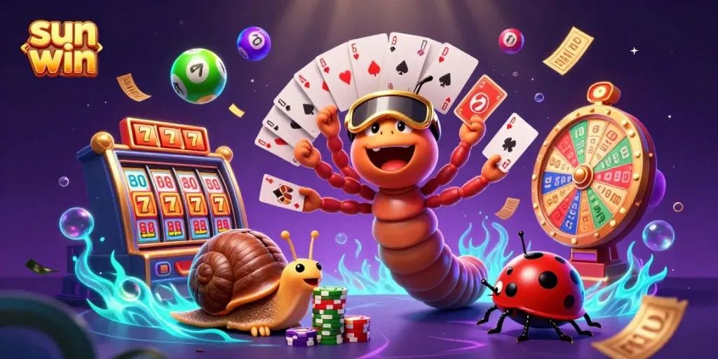 Experience exciting gameplay with sun win characters in a vibrant 3D casino illustration