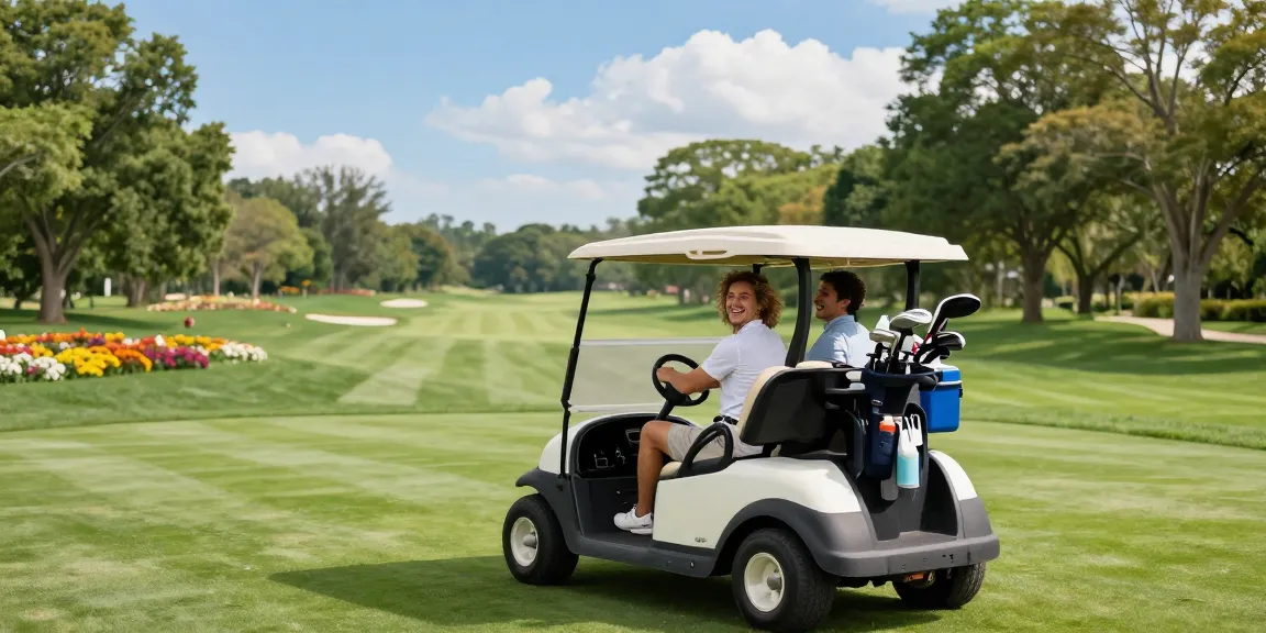 Golf cartemporium.com showcases an outdoor golf cart experience, two friends enjoying a sunny day on the golf course.