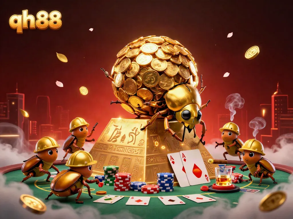 Experience the thrill of qh 88 with a golden beetle rolling coins in a dynamic casino setting.