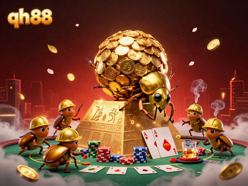Experience the thrill of qh 88 with a golden beetle rolling coins in a dynamic casino setting.