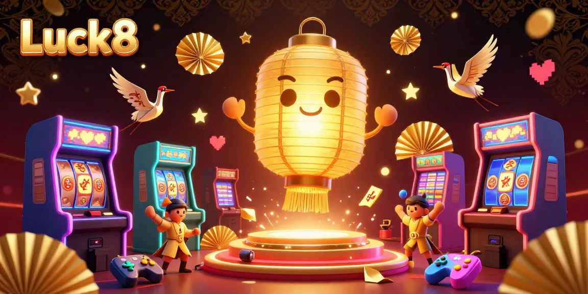 Immerse in Luck8's vibrant casino scene with a glowing lantern spirit surrounded by slot reels and arcade games.