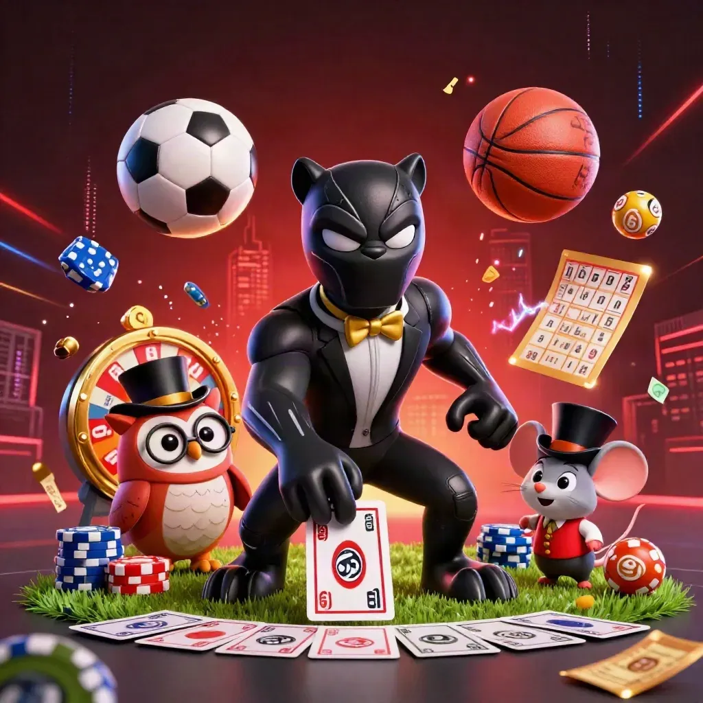 Cartoon panther, owl and mouse amid explosive sports balls, chips and neon casino effects.