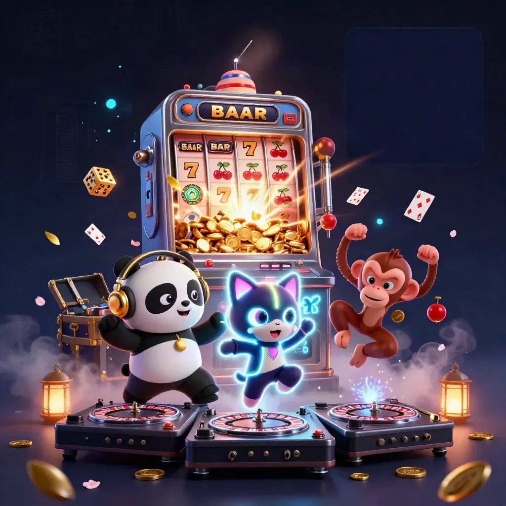 DJ panda, breakdancing monkey and glow-stick kitten amid casino magic, gold and neon bursts