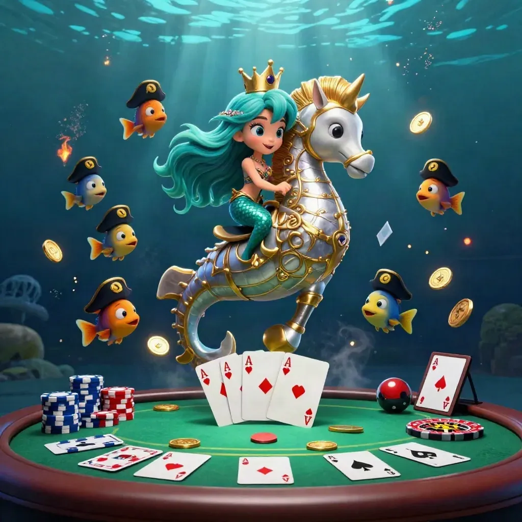 Mermaid princess on a golden seahorse amid casino chips, cards, coins and fish underwater.