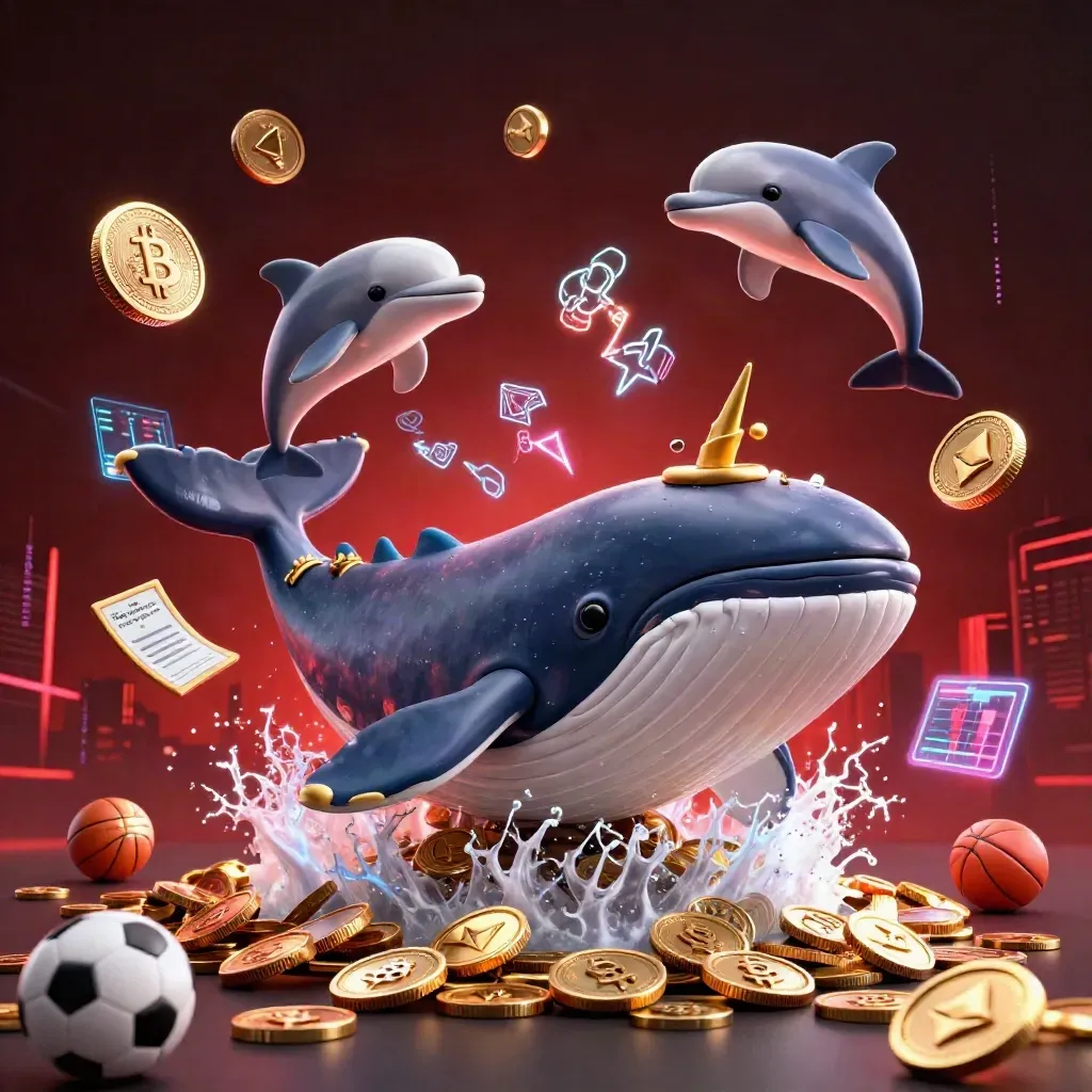 Whale, narwhal and dolphins amid neon coins, lightning and red city haze