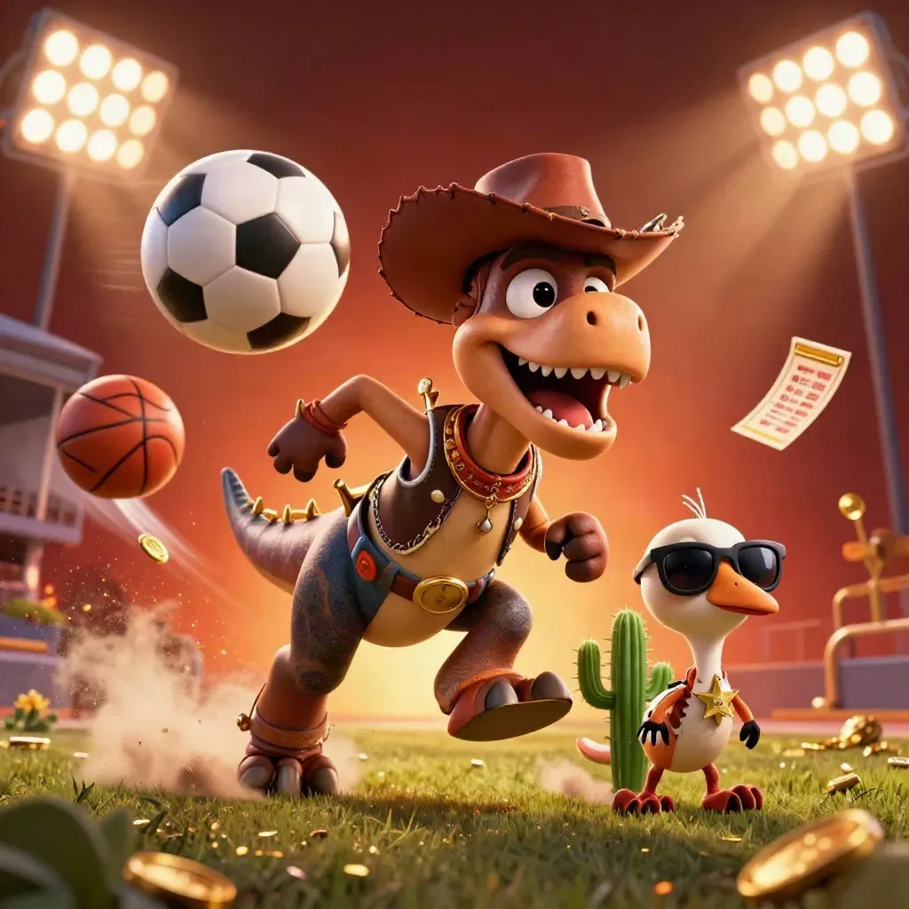Cowboy T-Rex, cactus sidekick and roadrunner amid flying sports balls, gold coins and casino lights.