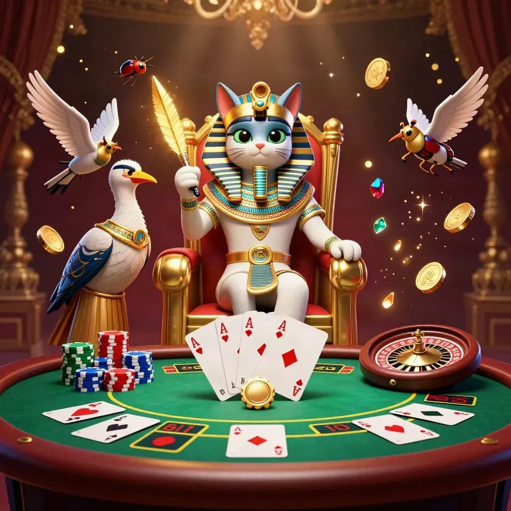 Pharaoh cat, ibis scribe and gem-wing scarabs amid casino luxury