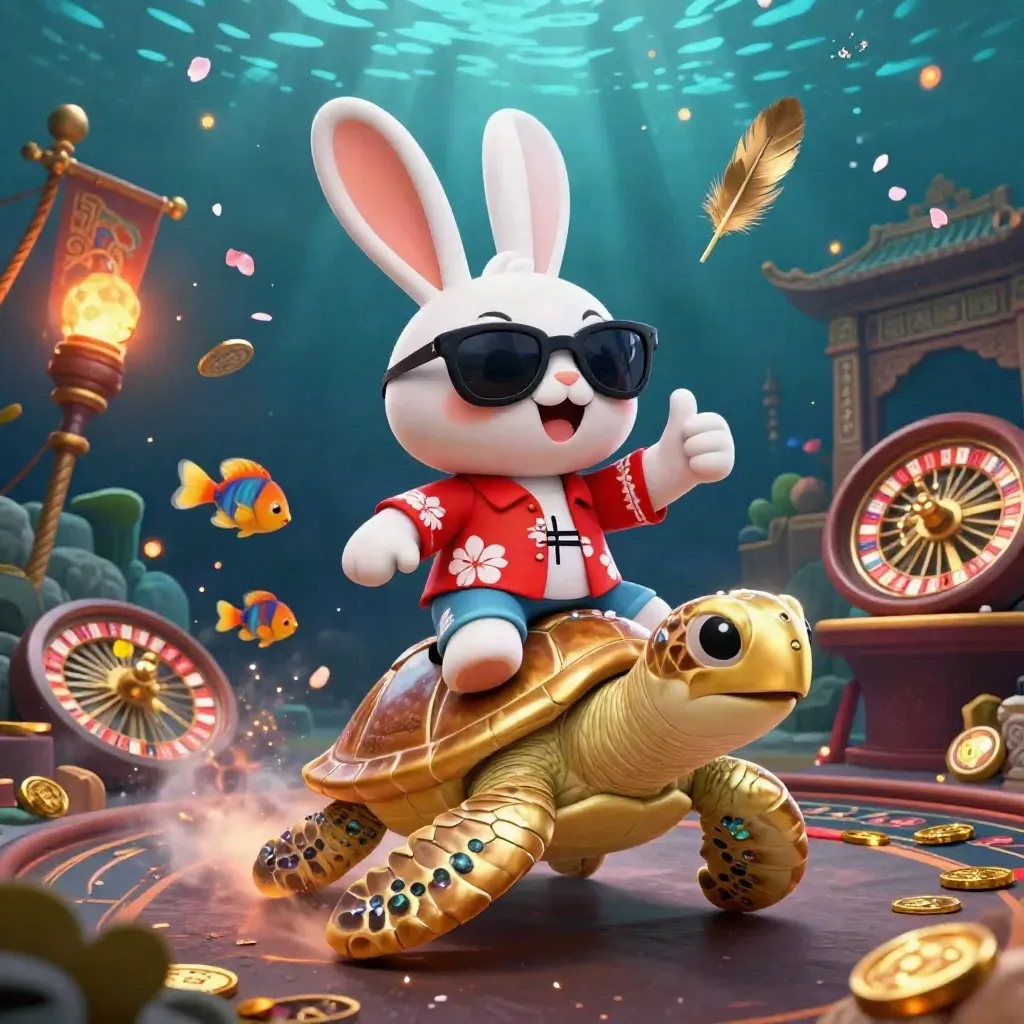 Lucky rabbit on jeweled sea turtle in a neon casino under a glowing chandelier