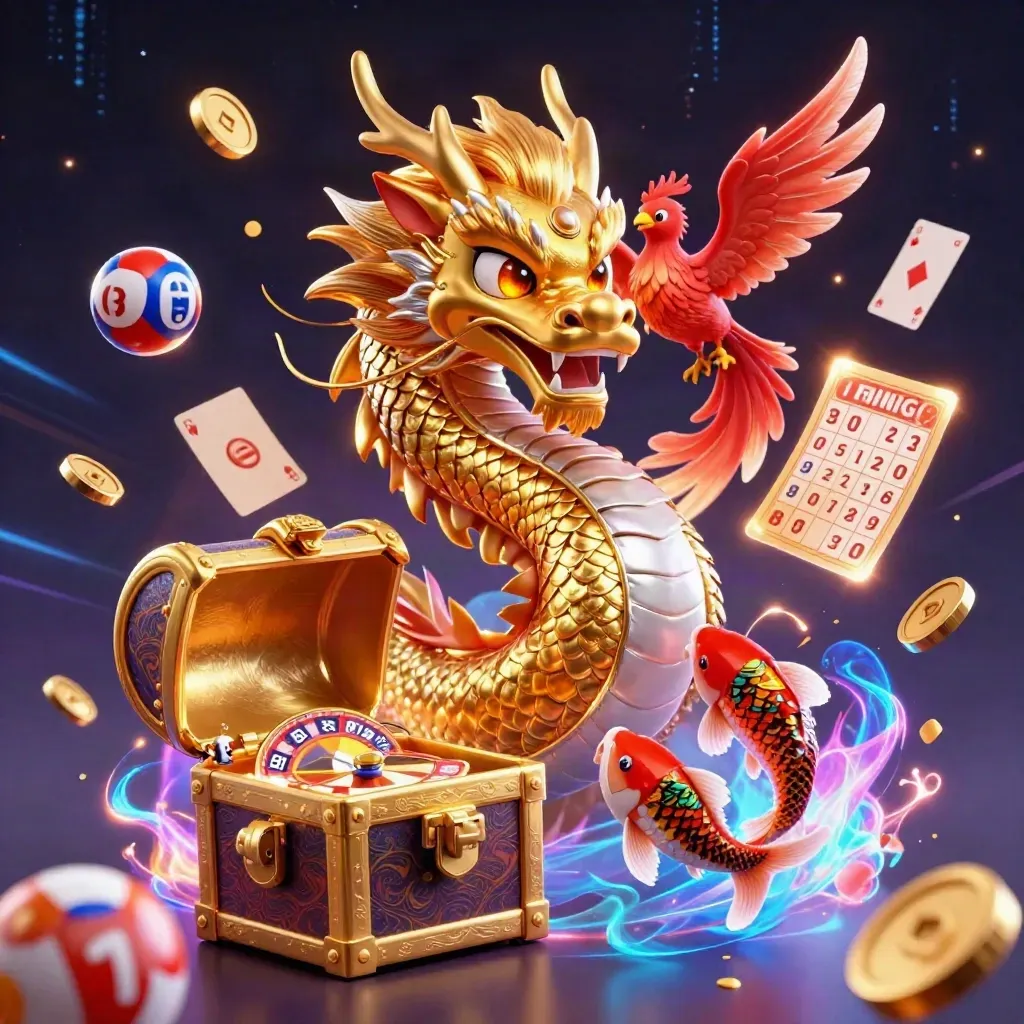Golden dragon, phoenix and koi burst from treasure with casino symbols in a neon vault.