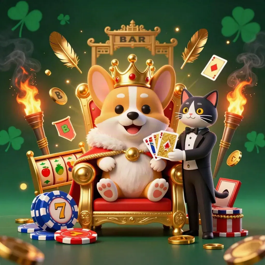 Royal corgi and cat butler on poker-chip throne amid casino magic, coins, reels, and torchlight.