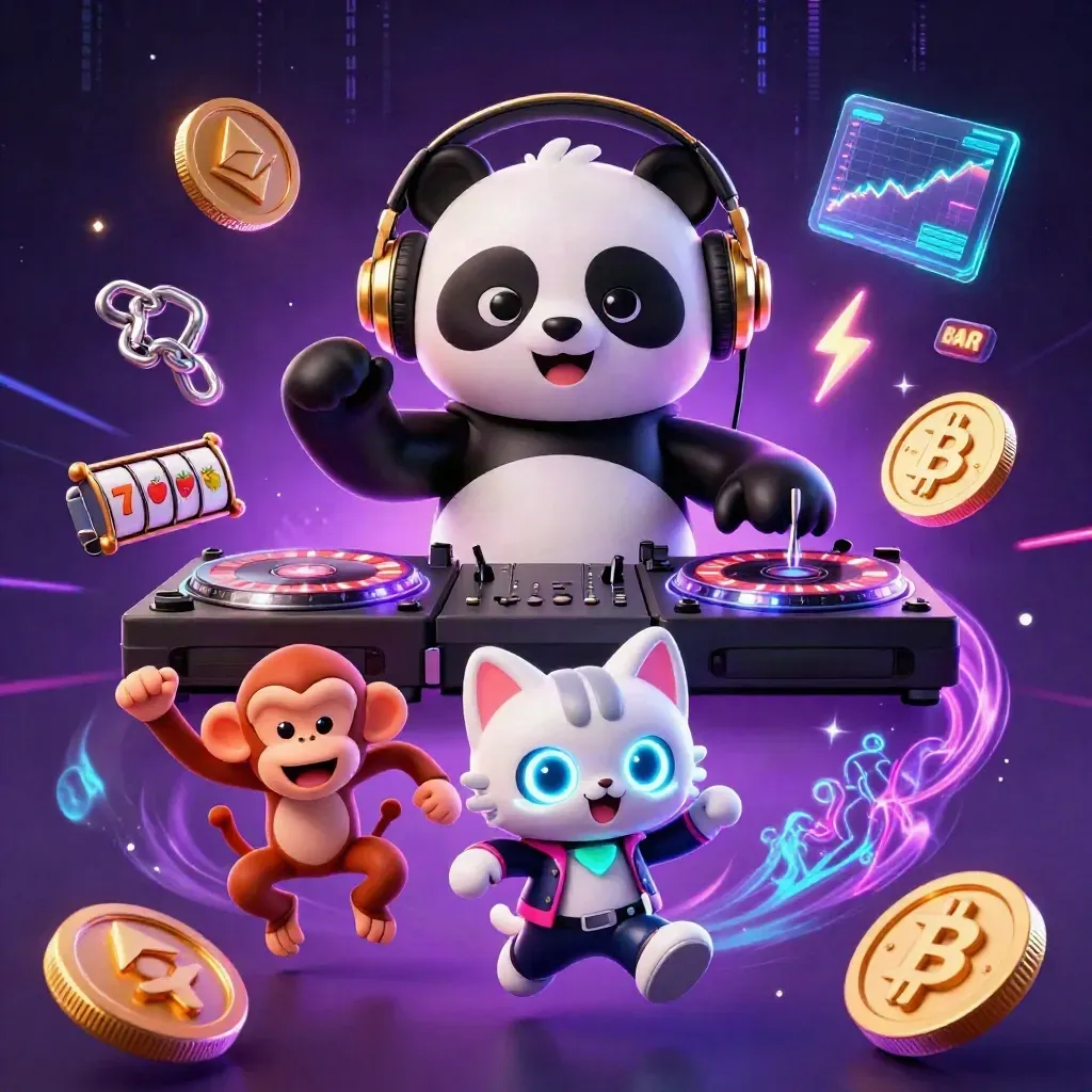 DJ panda, dancing monkey, and glow kitten amid neon casino symbols and coins