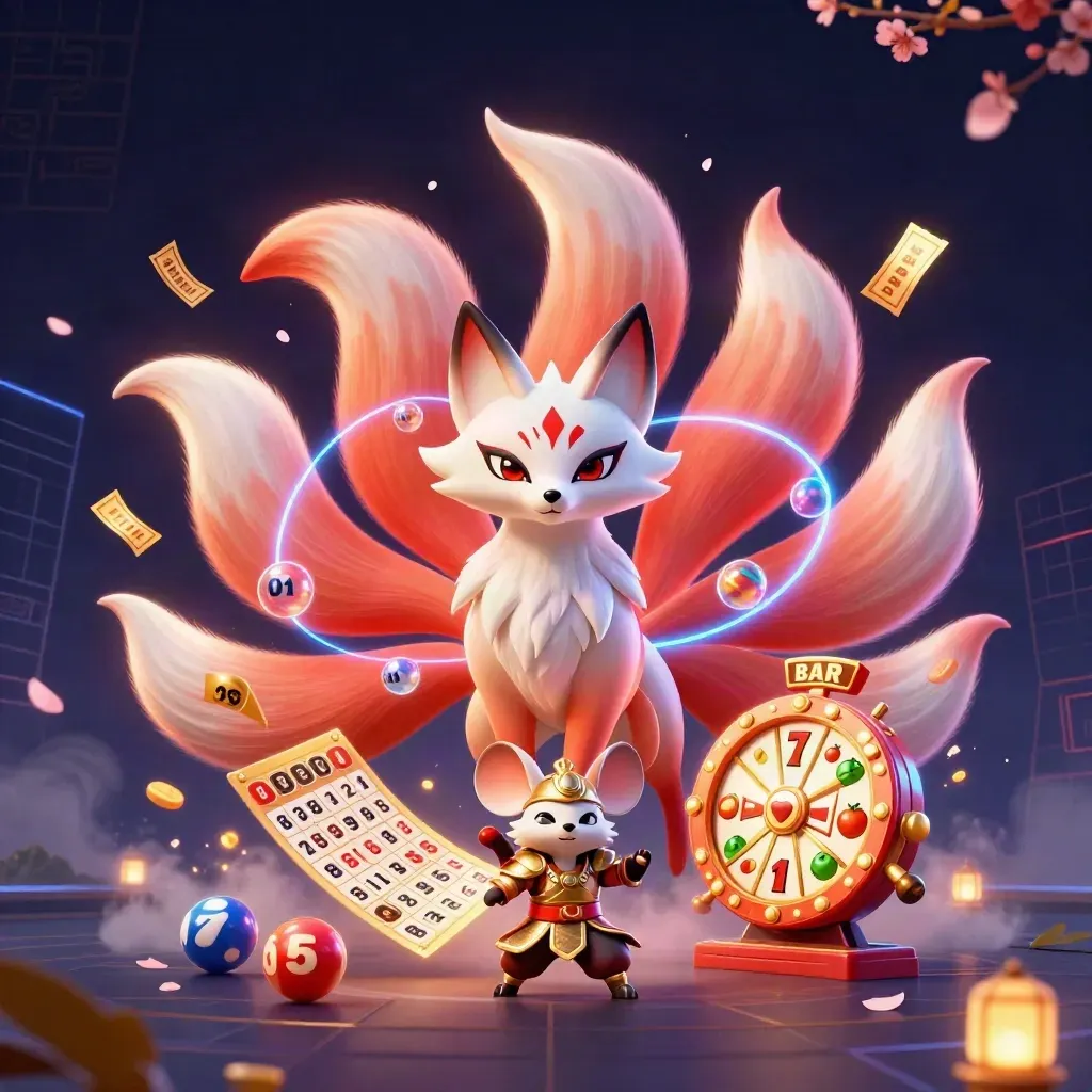 Fox spirit and samurai mouse amid casino game icons on a dark neon grid.