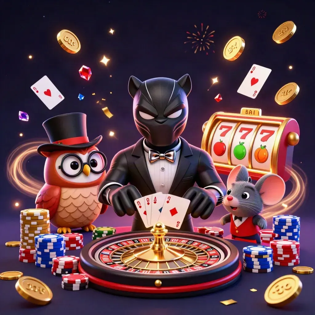 Panther, owl, and mouse casino heroes amid chips, cards, coins, and purple lightning.