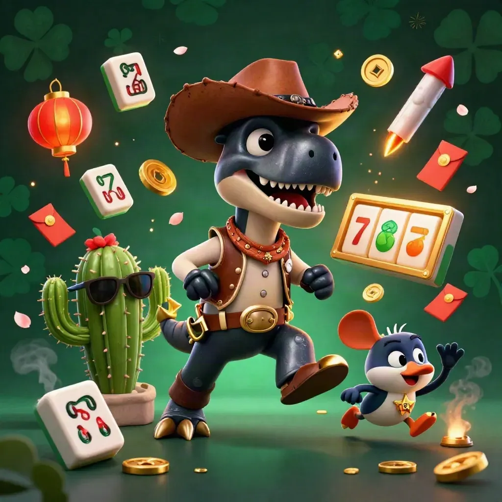 Cowboy T-Rex, cactus sidekick and roadrunner amid casino symbols on dark emerald glow