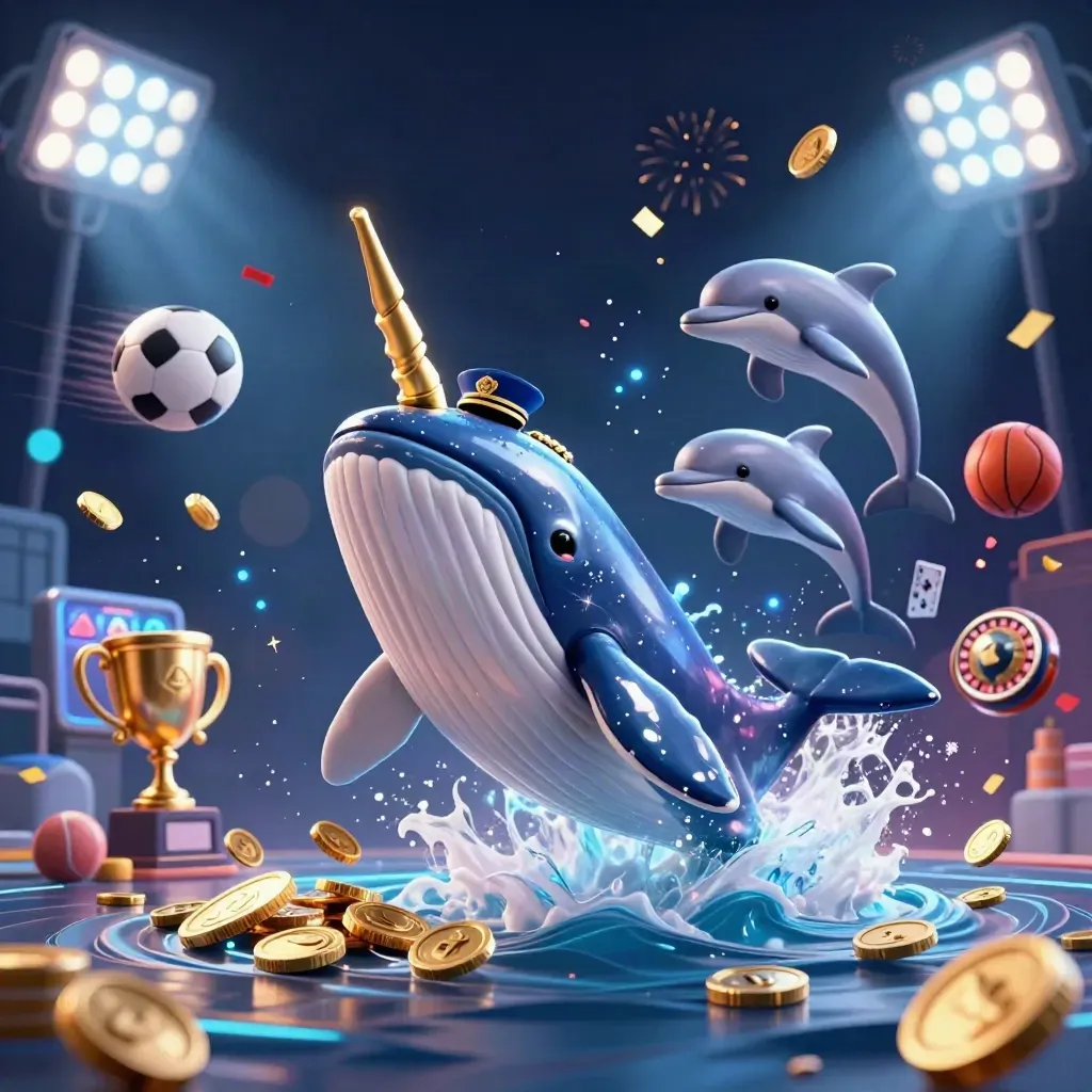Whale captain, narwhal, and dolphins amid coins, balls, trophies, sparks, and neon casino effects.