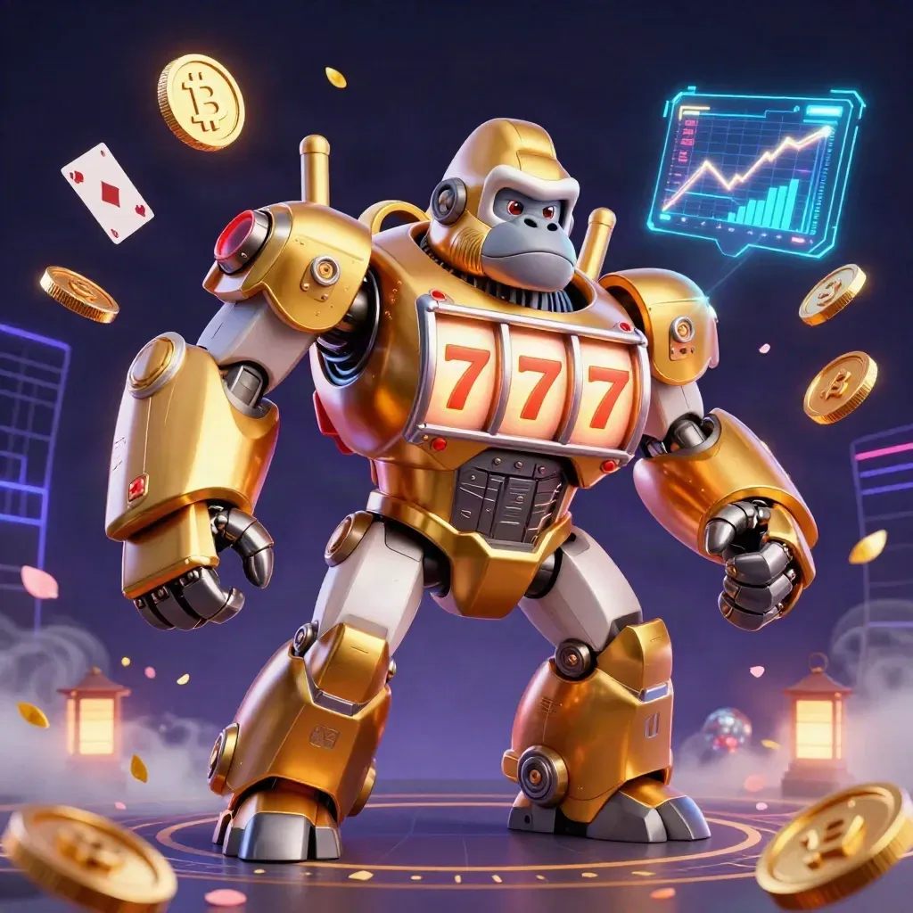 Golden gorilla mech with tiny monkey pilot, coins, neon crypto effects, and casino symbols in dark cinematic lighting.