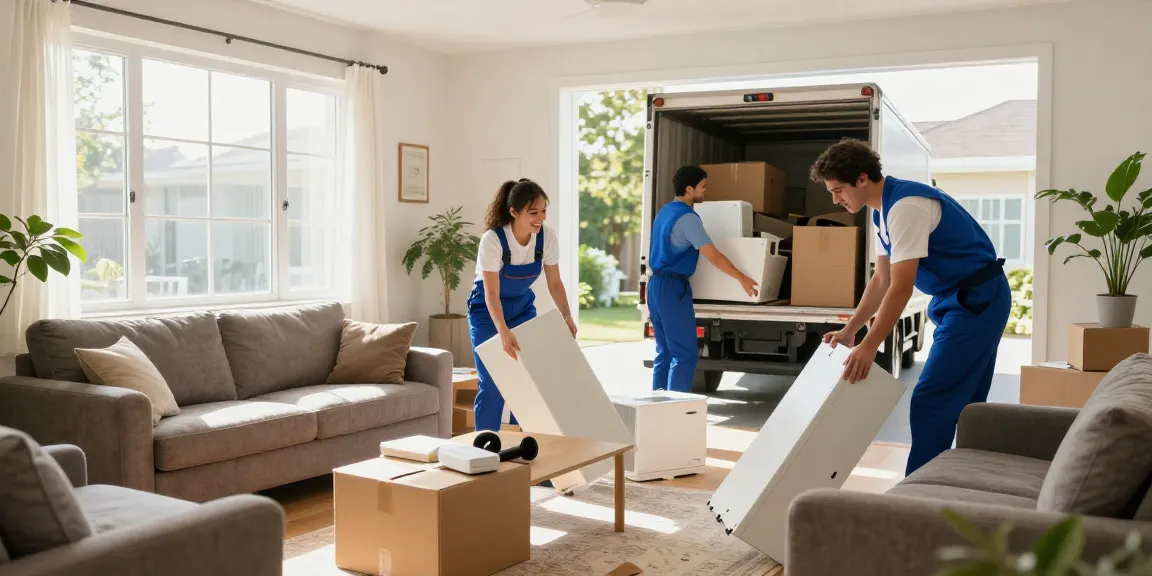 House clearance professionals efficiently removing furniture and waste from a bright, clean living room.