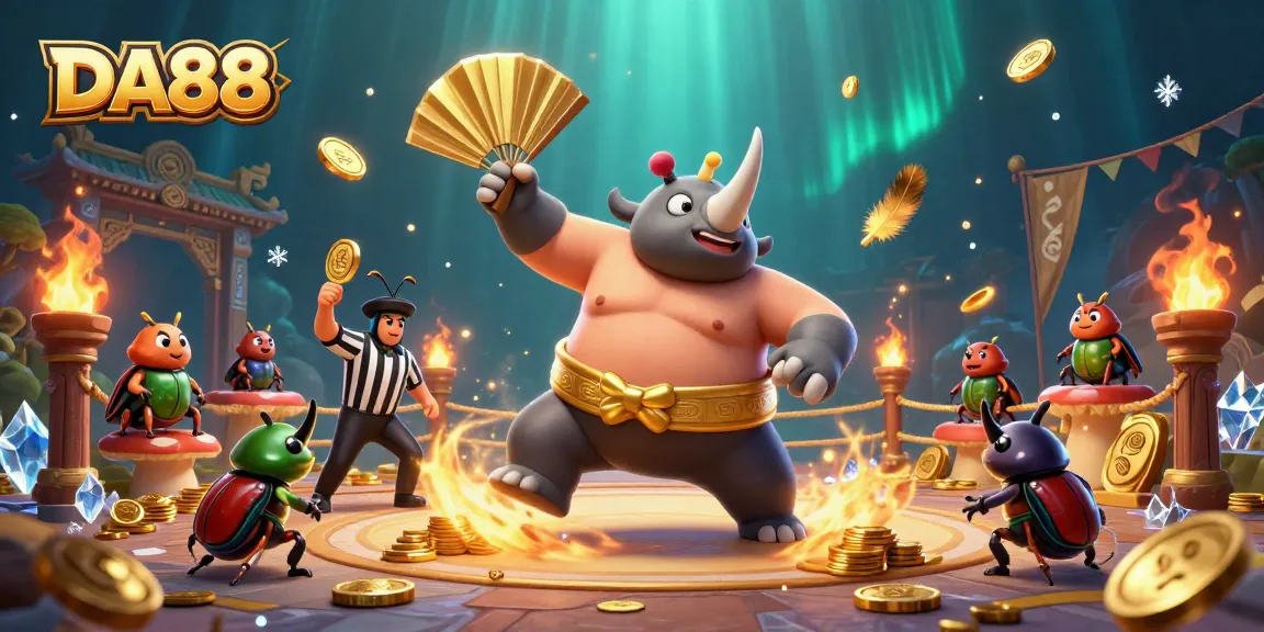 Experience the excitement of DA88 in a vibrant casino scene with flying gold coins and beetle champions.