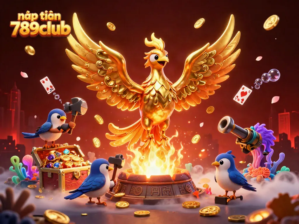 Experience nạp tiền 789club with a golden phoenix in a dynamic casino scene filled with treasures and game elements.