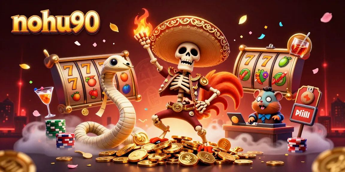 Experience massive wins at nohu90 with festive cartoon characters dancing over golden jackpots and slot symbols.