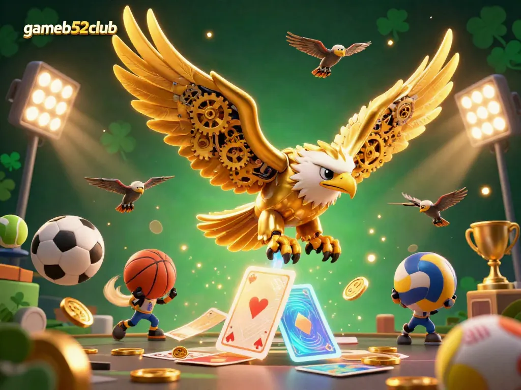 Play thrilling games at gameb52club with a dynamic scene of golden eagle and holographic cards.