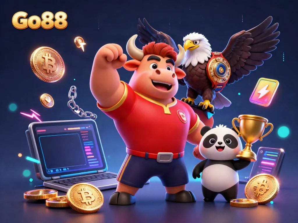 Engage with Go88's thrilling gaming experience featuring a muscular bull, eagle, and panda in vibrant casino atmosphere.