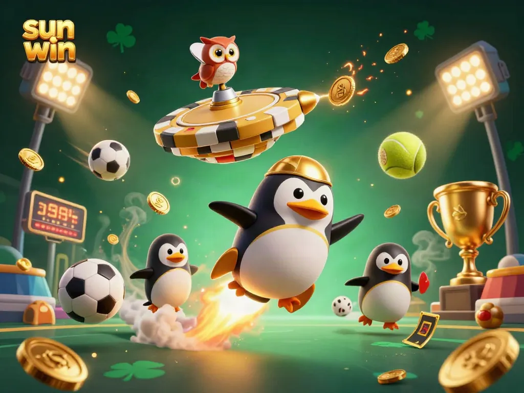 Engage in thrilling gaming action at sun win with a vibrant scene of a rocket penguin and casino excitement.