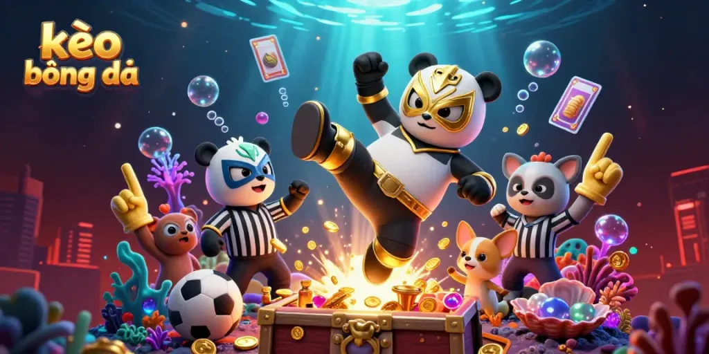 Engage with kèo bóng đá through a vibrant 3D scene showcasing wild animal spectators, sports elements, and a dynamic wrestling action.