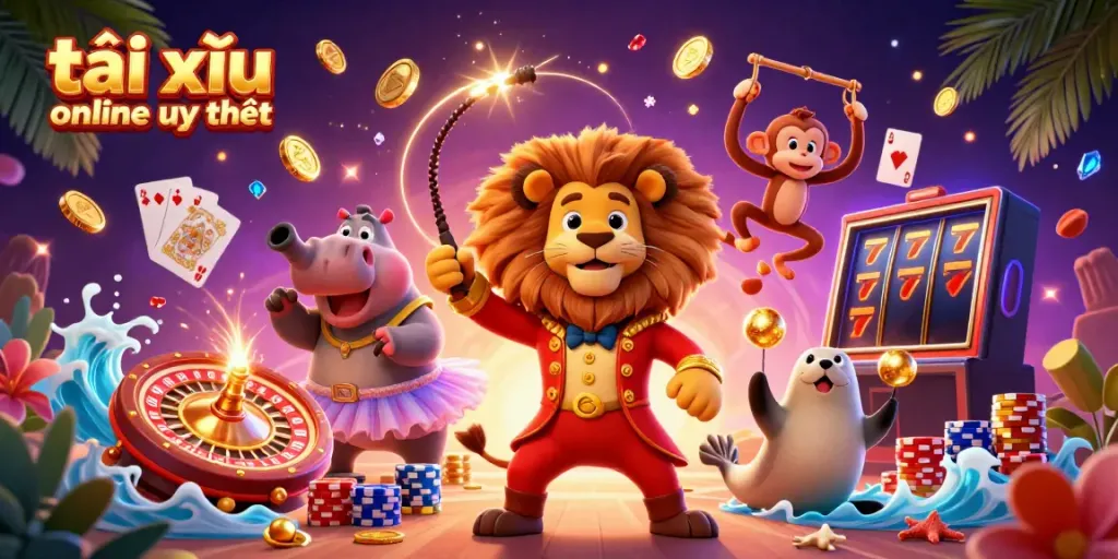 Experience the thrill of tài xỉu online uy tín with lively 3D circus characters and dynamic casino elements.