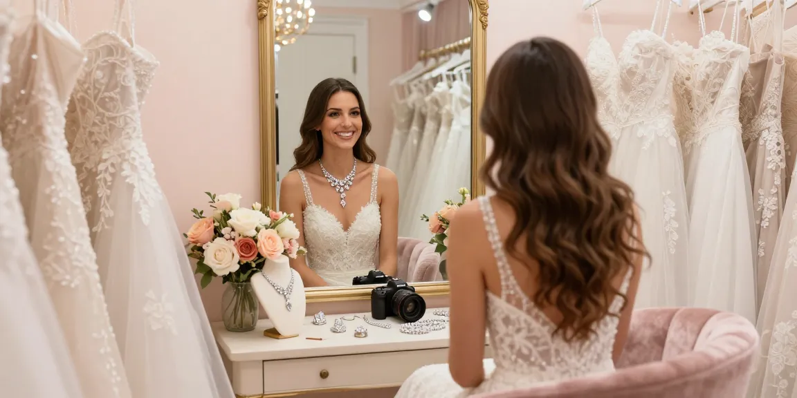 Bridal joy highlighted by luxury bridal jewellery in a warm boutique setting.