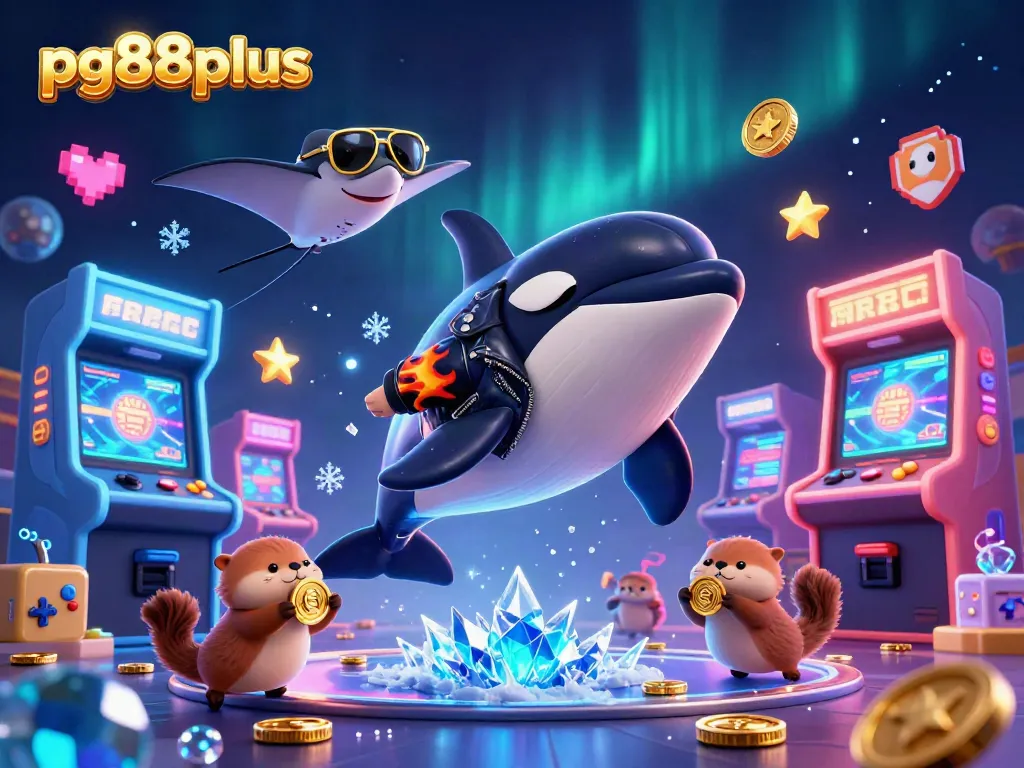Experience pg88plus gaming thrills with an orca biker, sea otters, and arcade elements.