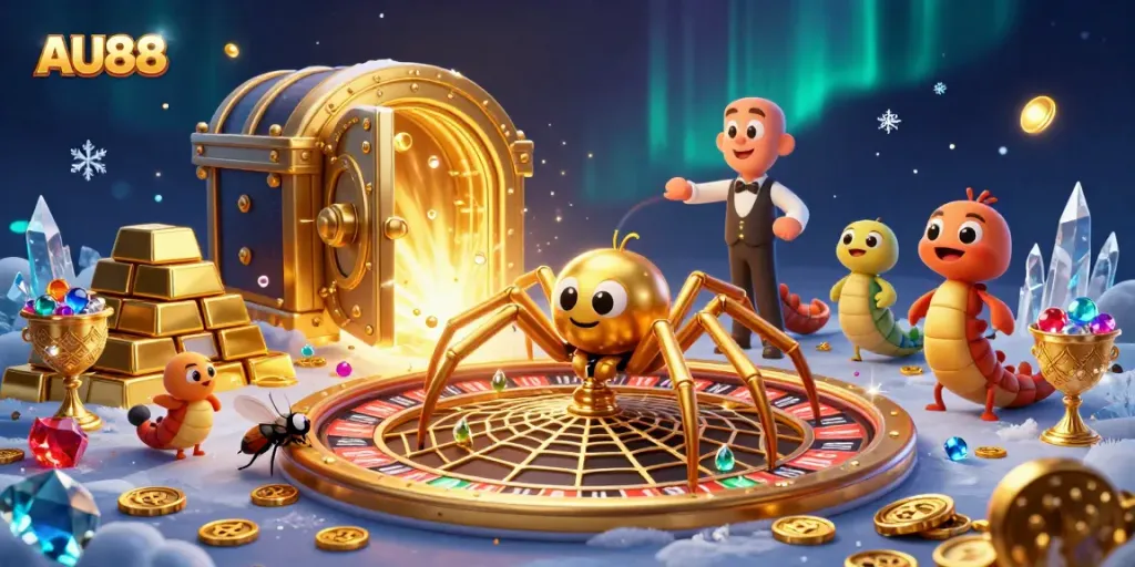 Experience excitement at AU88 with a thrilling roulette wheel spun by a golden spider and a centipede croupier.