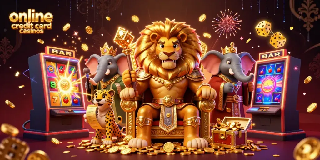 Experience the best online credit card casinos with vibrant 3D characters surrounded by slots and treasures.