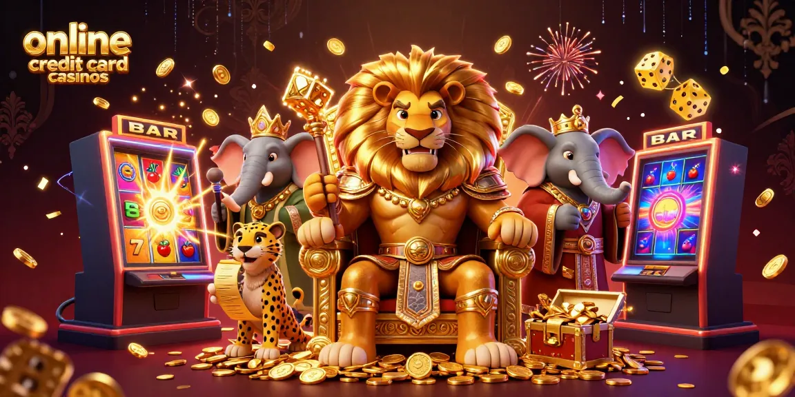 Experience the best online credit card casinos with vibrant 3D characters surrounded by slots and treasures.