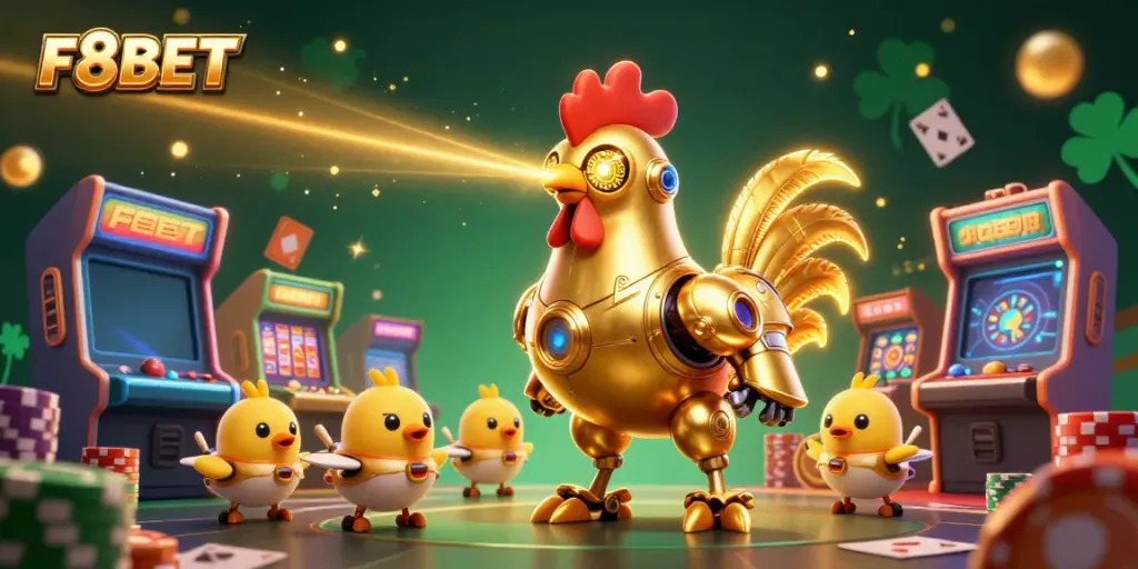 Engage with F8BET featuring a golden rooster robot leading arcade and casino games in a vibrant scene.