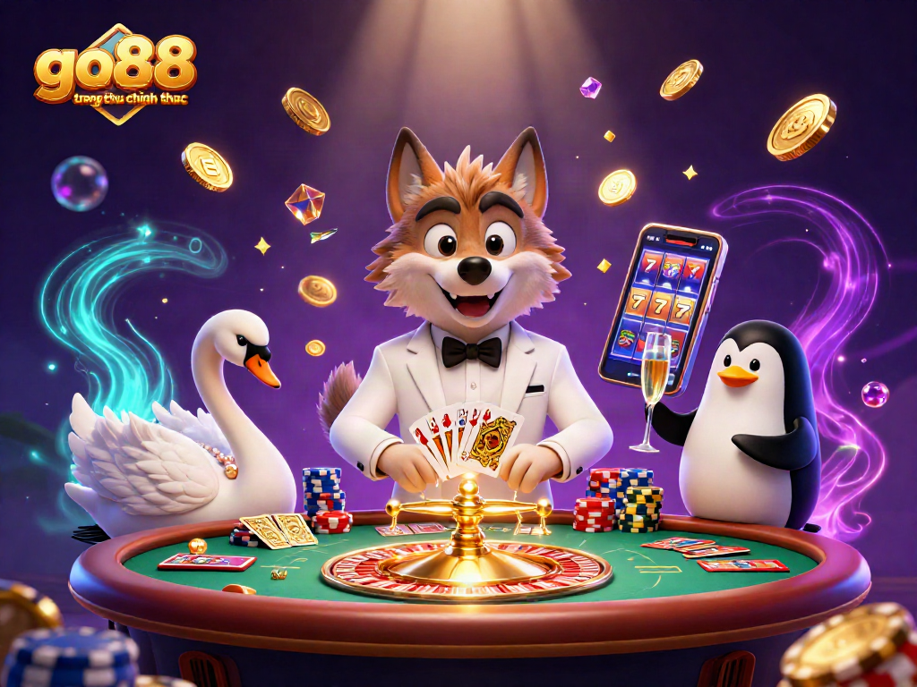 Experience go88 trang chu chinh thuc in a vibrant, animated casino scene with charismatic characters and dazzling game elements.