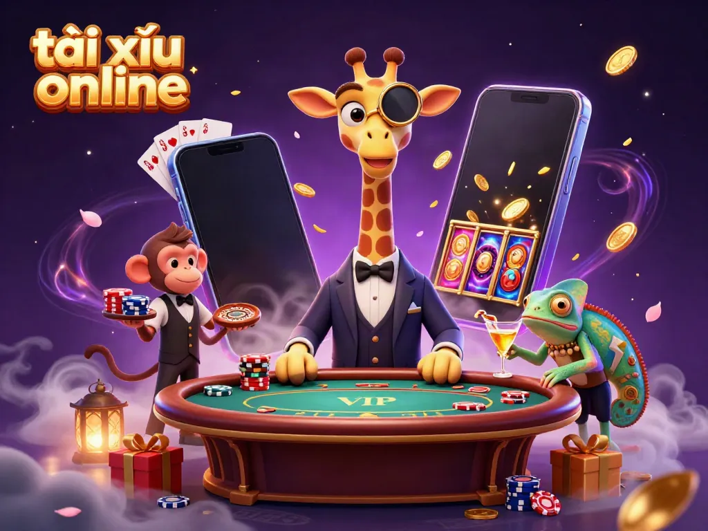 Experience the excitement of tài xỉu online with a vibrant 3D illustration featuring animated characters and casino elements.
