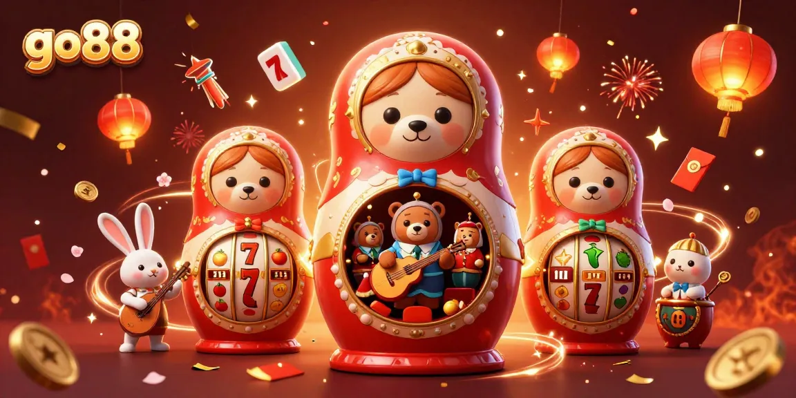 Engage with go88's vibrant online casino scene featuring festive 3D characters and game elements.