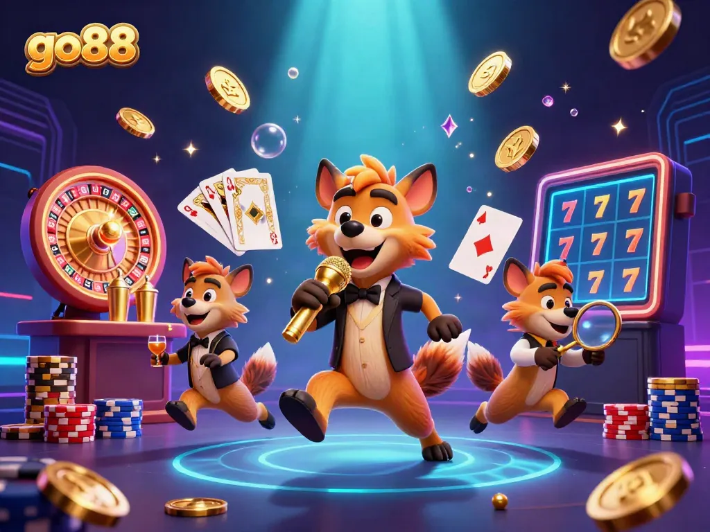 Experience go88's lively casino scene with hyenas hosting fun and games in a vibrant atmosphere.