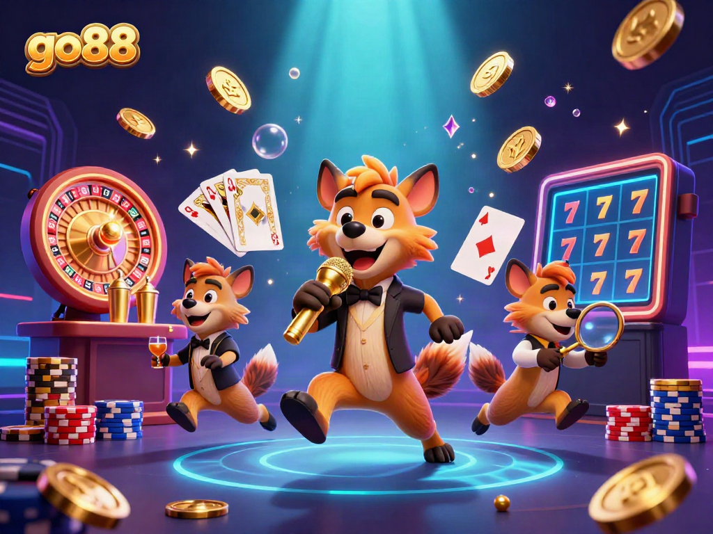 Experience go88's lively casino scene with hyenas hosting fun and games in a vibrant atmosphere.