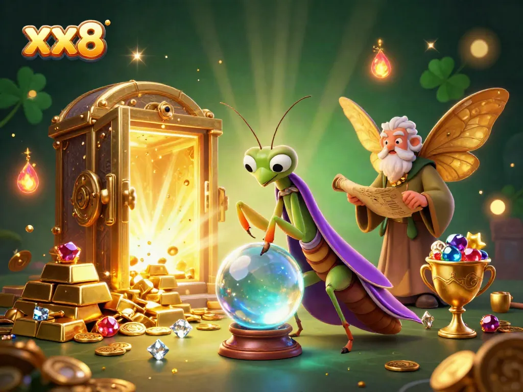 Engage with the vibrant world of xx8, featuring a whimsical fortune teller with a crystal ball amidst dazzling casino treasures.