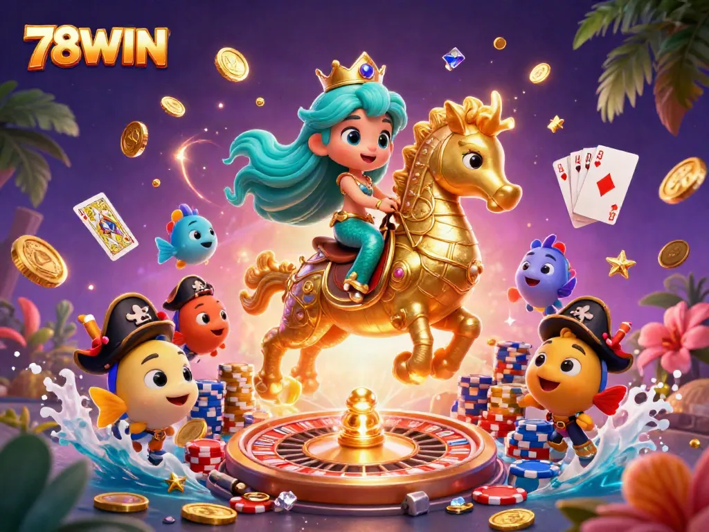 Experience the magical 78WIN casino adventure with a mermaid, seahorse, and playful fish surrounded by gold coins and vibrant poker elements.