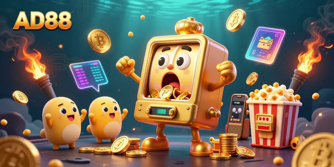 AD88 slot machine hitting jackpot with gold coins and cheering smaller machines in vibrant crypto scene