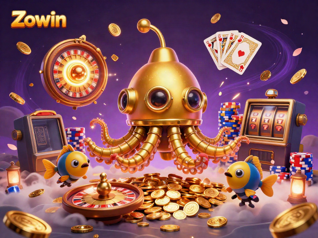 Zowin casino themed image showcasing a golden kraken submarine amidst a sea of coins, featuring roulette and poker elements.